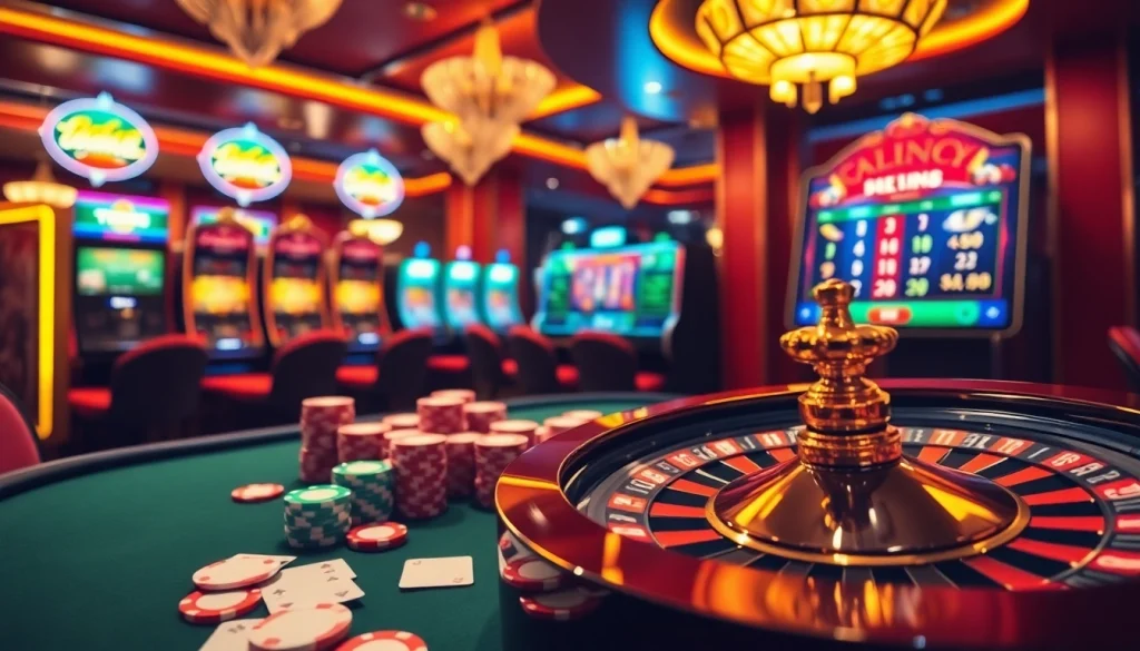 Engage in the thrilling game tt88 at an upscale casino with vibrant poker chips and enticing slots.