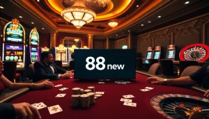Experience thrilling gaming actions at 888new casino with vibrant poker tables and slot machines.