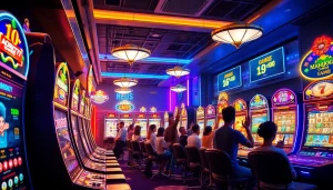 LAGAGAME77 gaming scene featuring enthusiastic players and vibrant slot machines.