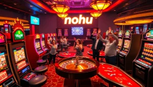 Experience the excitement of gambling at a luxurious casino featuring nohu-themed decorations and energizing atmosphere.