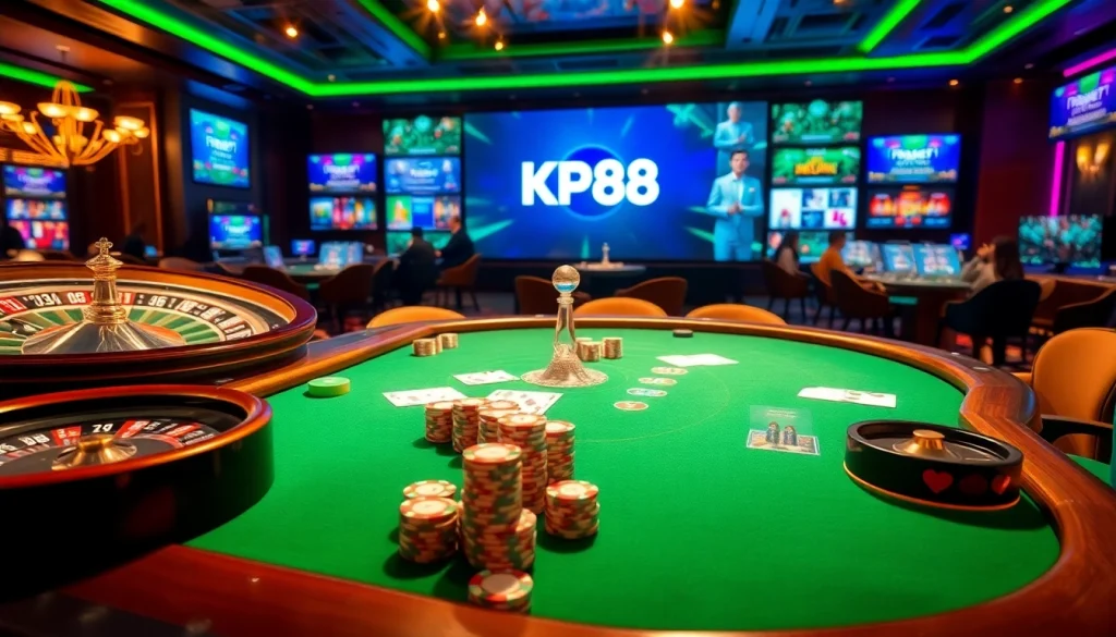 Betting on KP88 at an upscale casino table with cards, chips, and excitement.