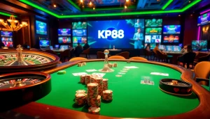 Betting on KP88 at an upscale casino table with cards, chips, and excitement.