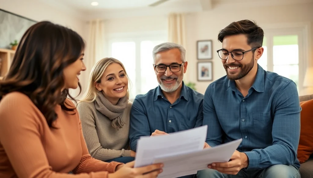 An engaged family reviewing auto and home protection plans in a warm living room.