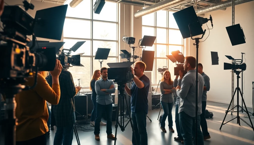 Engaging video production Calgary team collaborating on set with advanced equipment