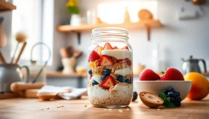 Enjoy a healthy breakfast featuring layers from https://masonjarbreakfast.com in a beautiful mason jar.