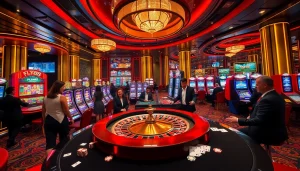 FLY88 casino scene featuring vibrant roulette wheel, elegantly dressed players, and dynamic atmosphere.