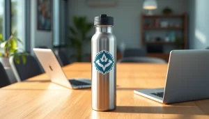 Gertuvės su logotipu parodytos modernioje biuro aplinkoje, akcentuojančios prekės ženklą ir stilių.