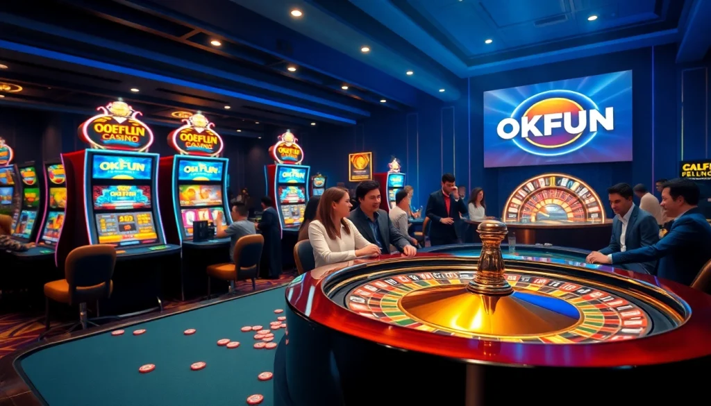 Players enjoying a vibrant gaming experience at OKFUN casino with slot machines and poker table.