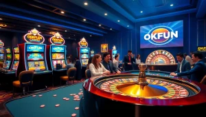 Players enjoying a vibrant gaming experience at OKFUN casino with slot machines and poker table.