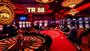 Exciting casino atmosphere featuring TR 88 themed roulette wheel and poker chips.