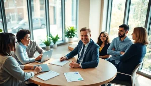 Business coach near me guiding diverse clients in a bright office for successful engagement.