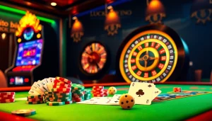 Experience thrilling casino action with LUCKYWIN's vibrant gaming interface featuring poker chips and slot machines.