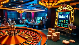 Engage in the thrill of gambling with 8xbet tải and vibrant casino visuals showcasing roulette and poker.