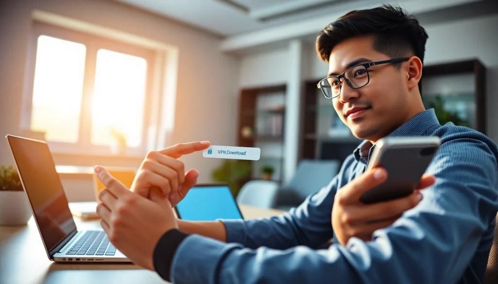 快连下载 on multiple devices in a modern workspace, showcasing VPN usage.