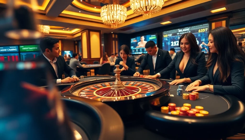 BJ388 online gambling experience with a luxurious casino ambiance featuring betting tables, cards, and players.