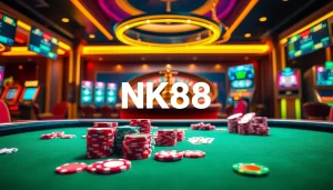 Gambling excitement with NK88-themed casino tables and vibrant poker chips in play.