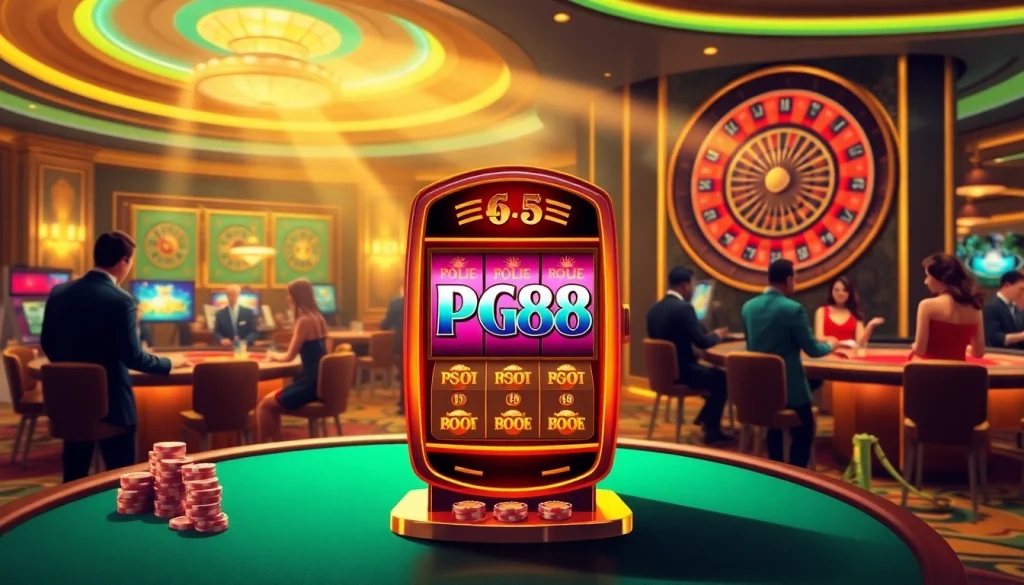 Play on a vibrant pg88 slot machine in a luxurious casino environment.