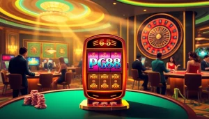 Play on a vibrant pg88 slot machine in a luxurious casino environment.
