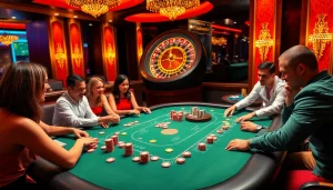 Players compete at a vibrant nh88 poker table amid an exciting casino atmosphere.