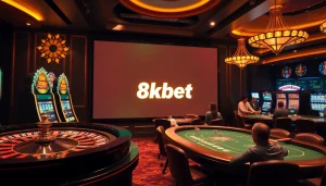 Experience high-stakes gaming at 8kbet with vibrant slots, poker tables, and elegant roulette.