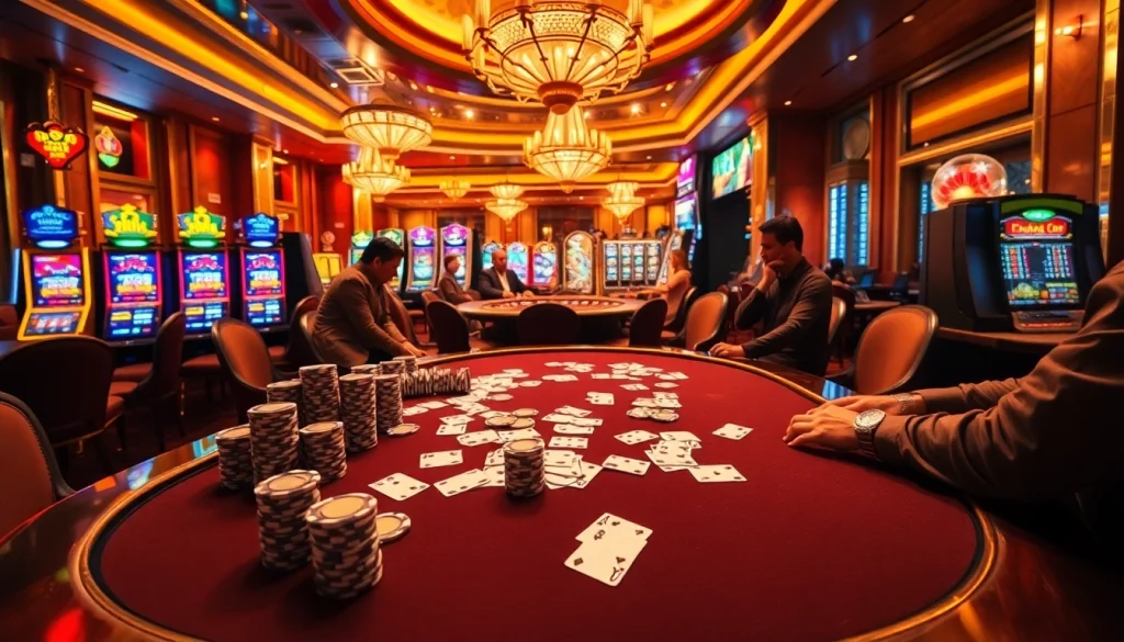 Engaged players strategize at the luxurious poker table at http://8kbet.ink/ with high-stakes chips and vibrant casino ambiance.