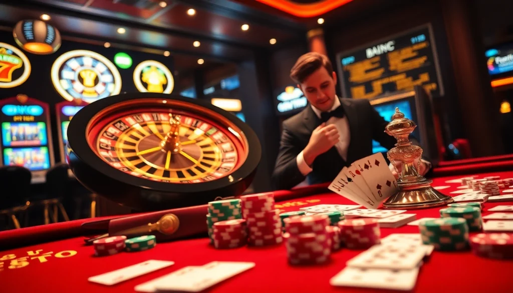 Detailed overview of high-stakes gaming action at fe bet casino featuring poker chips and roulette.