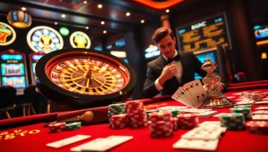Detailed overview of high-stakes gaming action at fe bet casino featuring poker chips and roulette.
