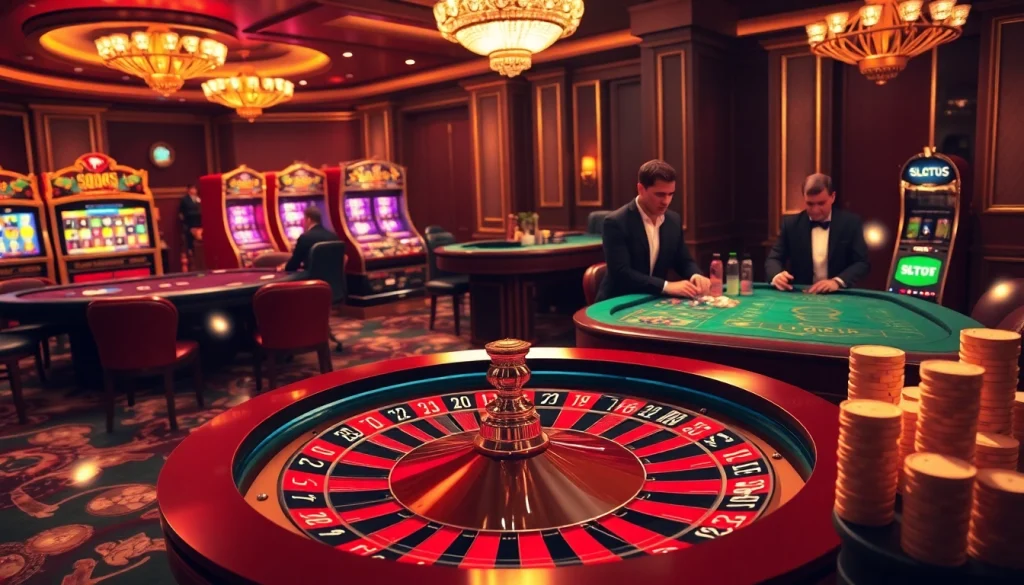 SLOT365 showcases players enjoying exciting games at a vibrant casino scene with roulette and poker tables.