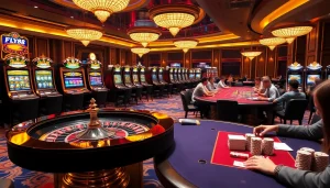 FLY88 casino scene with vibrant gaming tables, lively players, and luxurious decor