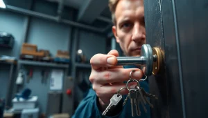 Erfahrener Schlüsseldiensttechniker des Schlüsseldienst Karlsruhe öffnet gekonnt eine Tür mit speziellem Werkzeug.
