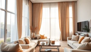Verduisterende gordijnen in een stijlvolle woonkamer creëren een serene sfeer.