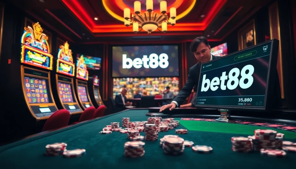 Experience excitement at bet88 with vibrant casino visuals featuring slot machines and poker tables.