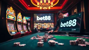 Experience excitement at bet88 with vibrant casino visuals featuring slot machines and poker tables.