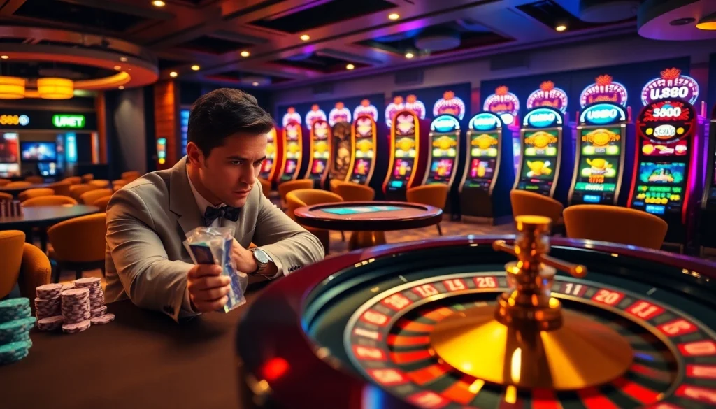 Experience the excitement of u888 in a vibrant casino setting with roulette and slot machines.