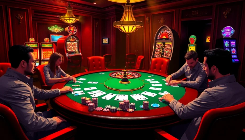 Experience the thrill of high-stakes poker at thabet casino with vibrant lights and luxury decor.