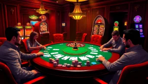 Experience the thrill of high-stakes poker at thabet casino with vibrant lights and luxury decor.