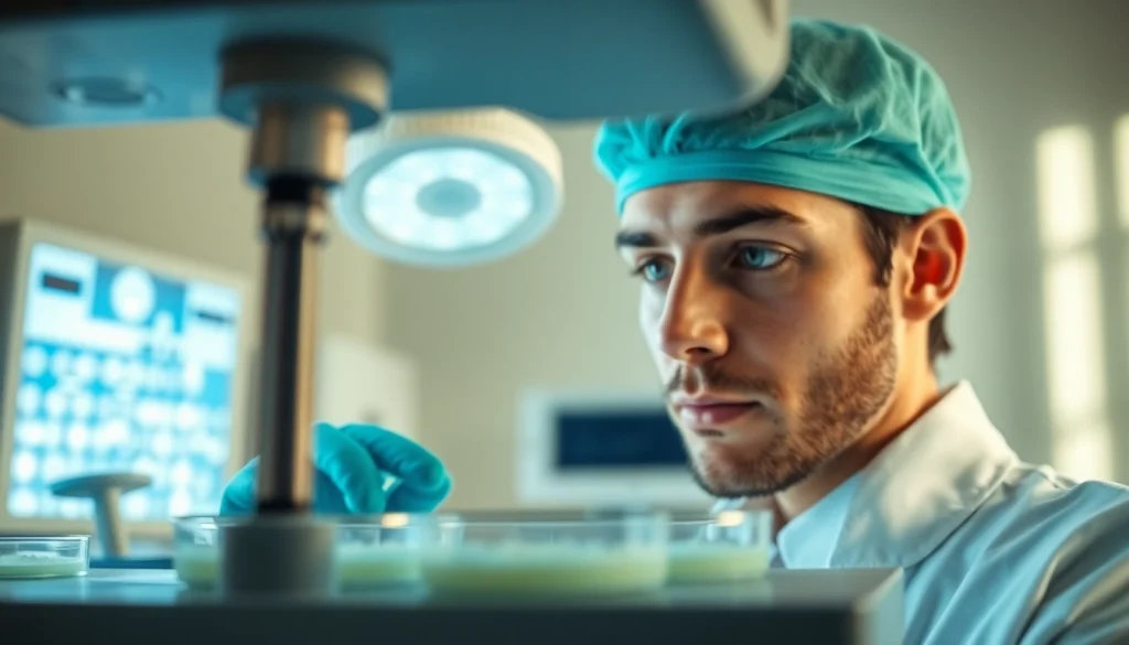 Analisi della fecondazione in vitro in un laboratorio specializzato, con un embrioletto esperto focalizzato.
