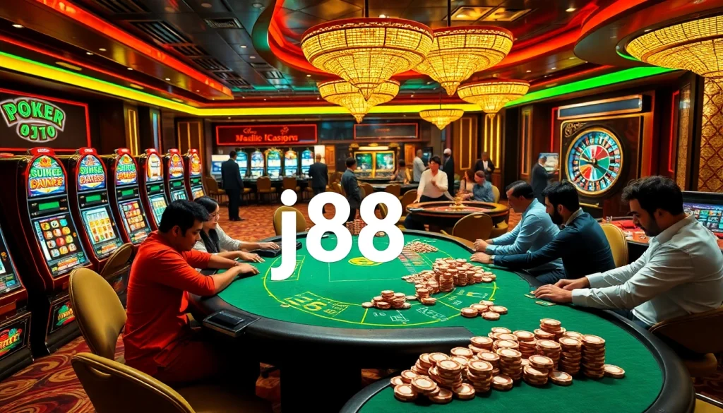 Experience thrilling j88 gameplay in a vibrant casino filled with poker tables, slot machines, and a roulette wheel.