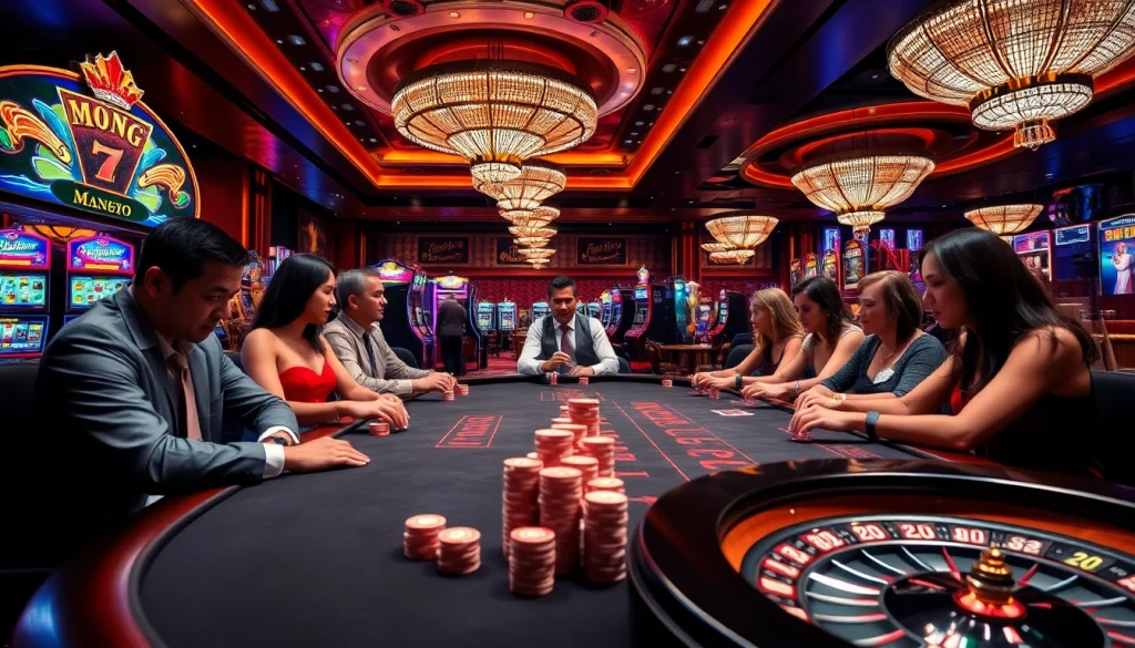 Experience the excitement of gambling at https://bong88.casa/ with players at poker tables and colorful slots.