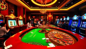 Exciting gambling scene showcasing 6L777 roulette wheel and slot machines amidst lively players.