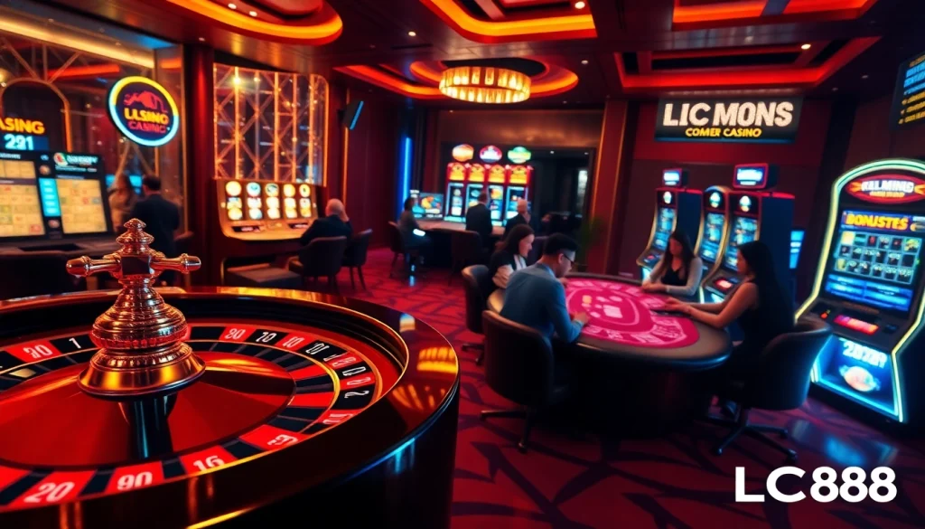 Players enjoy thrilling games at LC88's premium online casino, featuring roulette and poker tables.