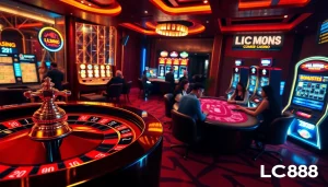 Players enjoy thrilling games at LC88's premium online casino, featuring roulette and poker tables.