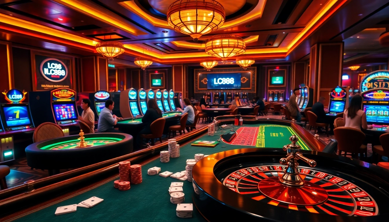Players enjoying a thrilling game night at an LC88 casino, showcasing vibrant tables and slot machines.