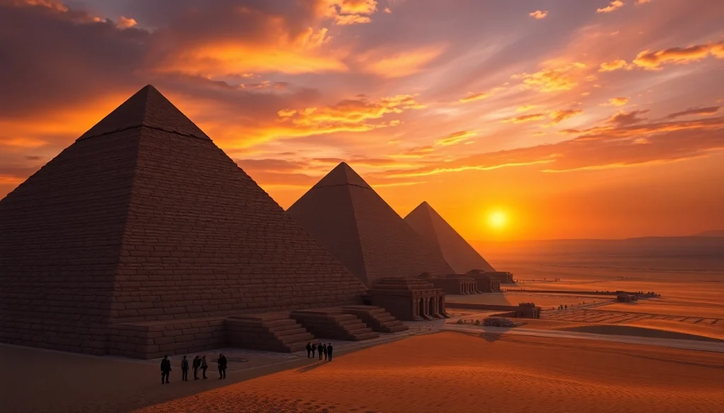 Visitors admiring the majestic piraminds of Giza against a stunning sunset backdrop.