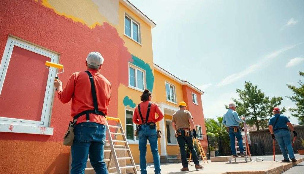 Building painters applying fresh colors to a residential exterior, showcasing teamwork and professionalism.