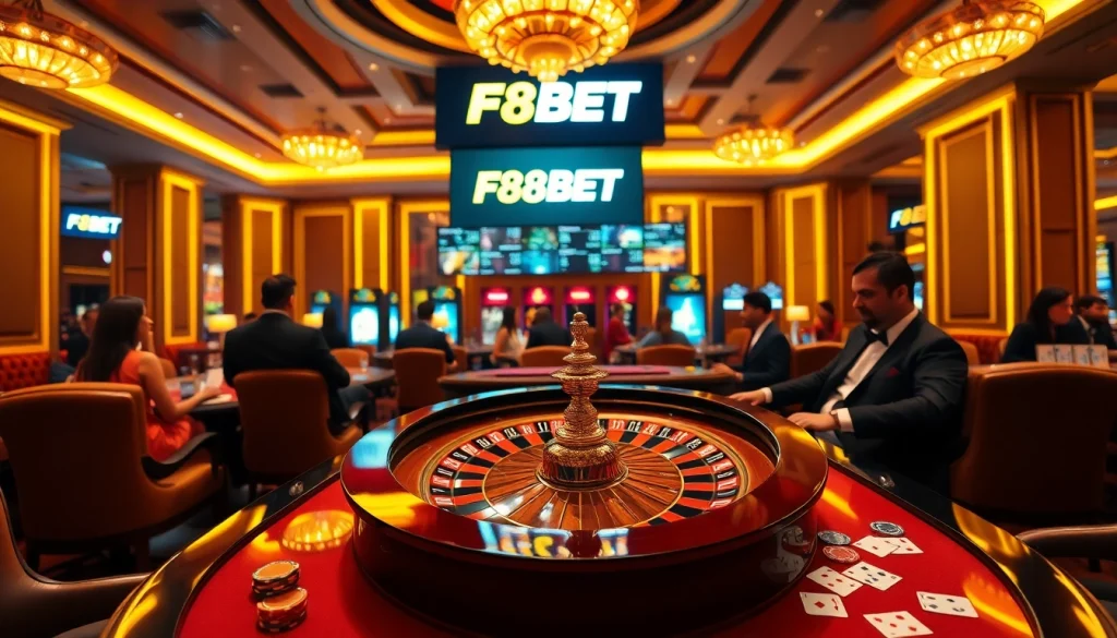 Players enjoying a thrilling game at the luxurious F8BET casino with roulette tables and poker chips.
