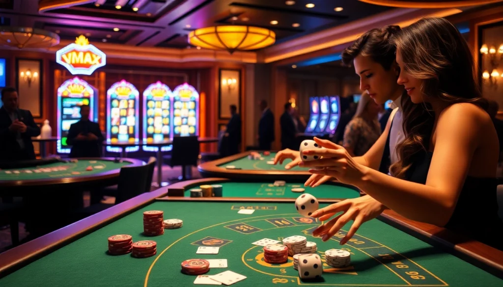 Experience thrilling gameplay at VMAX, showcasing a glamorous scene with casino tables and exciting action.