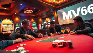 Engage with high-stakes action at the MV66 casino poker table, featuring vibrant slot machines and roulette.