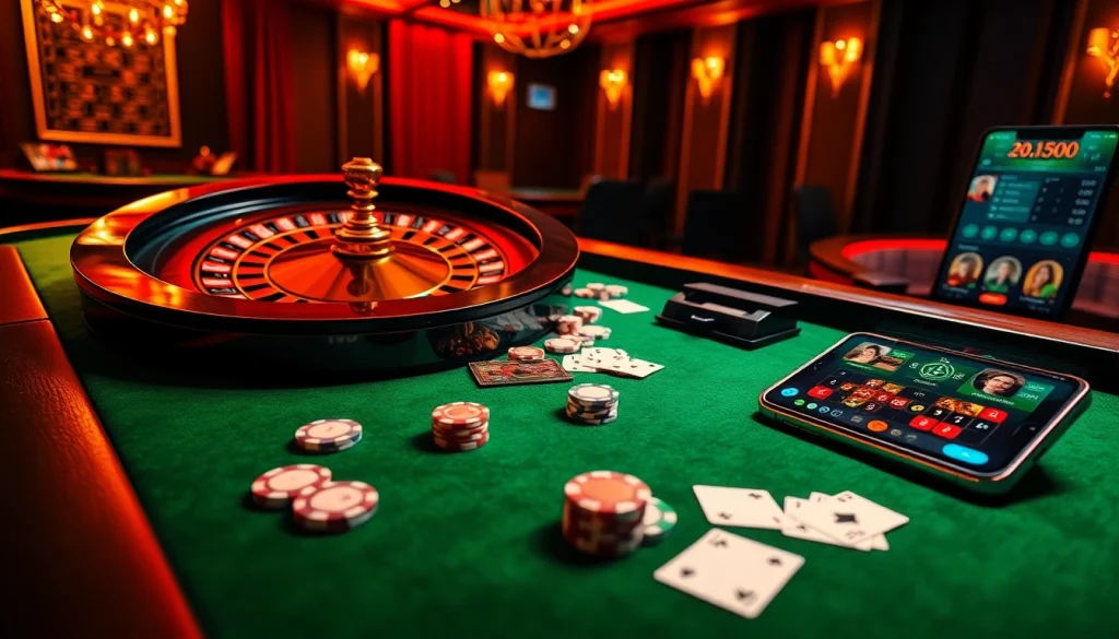 Experience the excitement of online gambling at trang chủ pub88 with a vibrant casino scene showcasing roulette and cards.