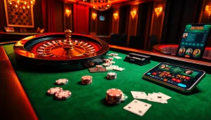 Experience the excitement of online gambling at trang chủ pub88 with a vibrant casino scene showcasing roulette and cards.